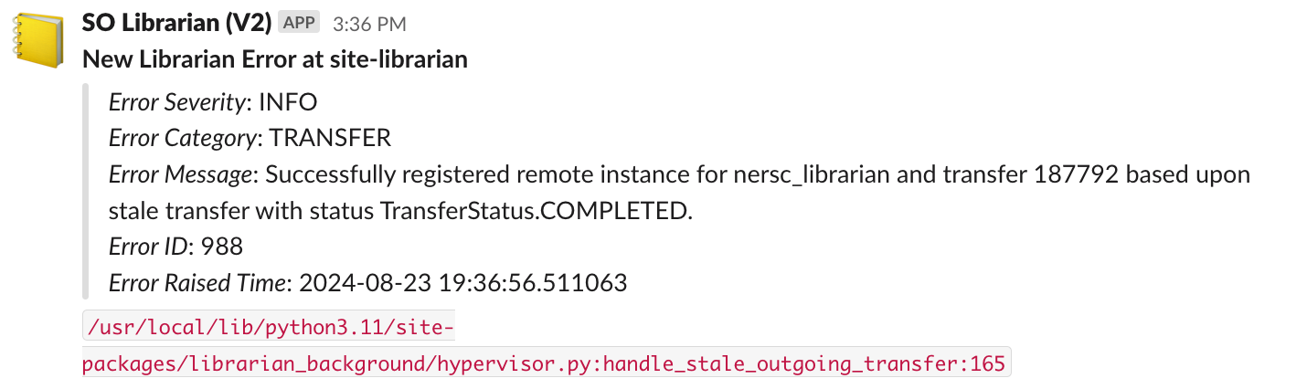 The result of a slack webhook, shown in the slack UI.